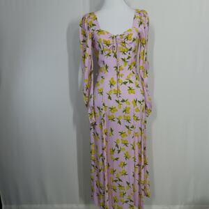Yumi Kim Lavender Lemon Print Sweetheart Neckline Long Sleeve Midi Dress Small
